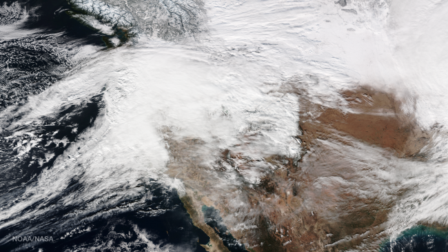 This true-color image captured by the NOAA/NASA Suomi NPP satellite's Visible Infrared Imaging Radiometer Suite (VIIRS) instrument on January 10, 2017, shows the extent of the storm system -- driven largely by an atmospheric river -- that dropped heavy snow over portions of California, Oregon and Washington. It resulted in school closures, downed trees, and the loss of power to thousands of area residents. Some neighborhoods in Portland received more than a foot of snow.