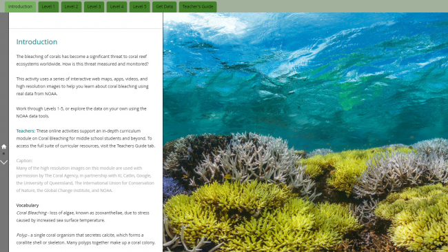 A screenshot of a web activity with introductory text on the left side and a photograph of a partially bleached coral reef on the right. Full text can be found in the Coral Bleaching module at dataintheclassroom.noaa.gov.
