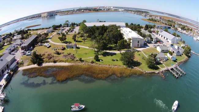 Aerial view of Pivers Island Living Shoreline, constructed from salt marsh plants and submerged oyster reef. 