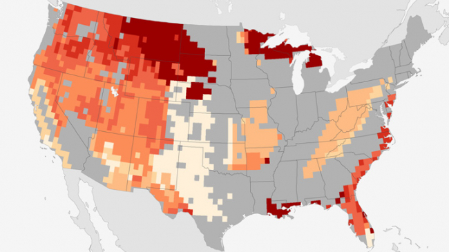 The map shows the projected increase in the number of “very large fire weeks”—weeks in which conditions are favorable to the occurrence of very large fires—by mid-century (2041-2070) compared to the recent past (1971-2000). The darkest shades of red indicate that up to a six-fold increase is predicted across parts of the West.
