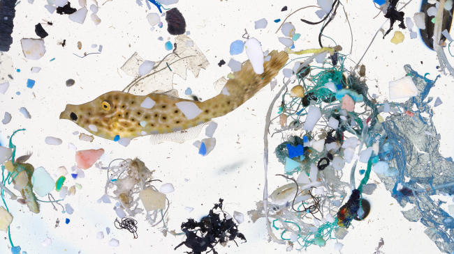 A scribbled filefish, about 50 days old and 2 inches long, surrounded by plastics. New NOAA research shows that many larval (juvenile) fish species from different ocean habitats are surrounded by and ingesting plastics in their preferred nursery habitat.