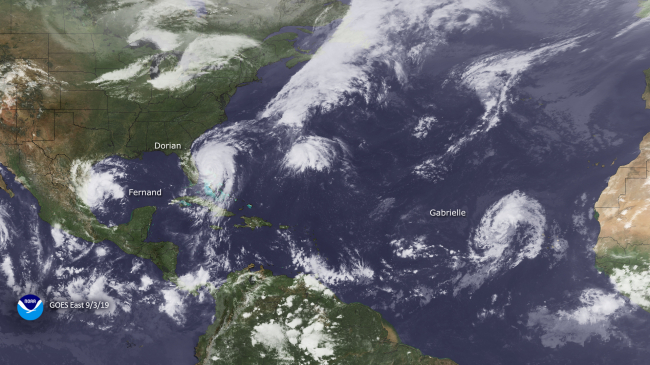 NOAA's GOES-East satellite captured these three hurricanes in the Gulf and Atlantic waters on September 3, 2019: From left to right we have Fernand, Dorian and Gabrielle. The season tallied 18 named storms, ending with Sebastien.