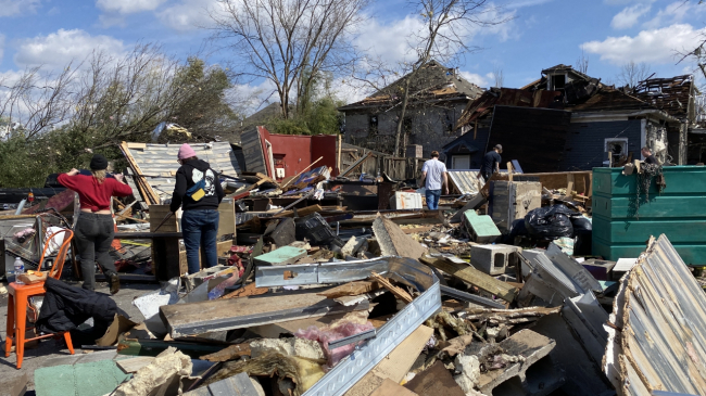 A March 3, 2020, photo from the NOAA National Weather Service post-storm survey in East Nashville, Tenn., showing heavy damage to a neighborhood after tornadoes ripped through the region March 2-3.  

