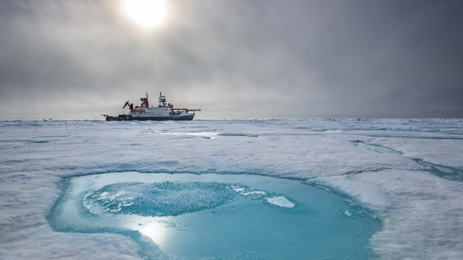 The German icebreaker Polarstern travels  through Arctic sea ice in August 2020 as melt ponds are forming. The Polarstern has been in the Arctic Ocean since September 2019, supporting the international MOSAiC mission to better understand the region’s climate system and its influence on the rest of the world. 