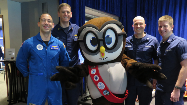 2018 NOAA Open House - NOAA mascot Owlie Skywarn with Hurricane Hunter pilots and NOAA Corps officers