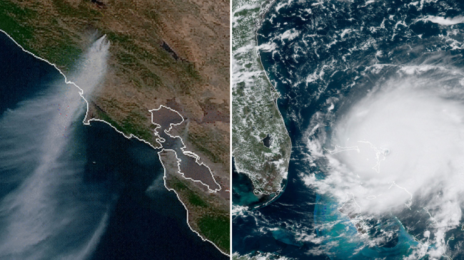 (Left) The smoke plume from California’s Kincade Fire, as seen from the NOAA-20 satellite on October 27, 2019. (Right) Hurricane Dorian spinning near the Bahamas, as seen by the GOES-16 satellite on September 1, 2019. Dorian, and the wildfires in California and Alaska combined, were two of 14 disasters in the U.S. in 2019 that each exceeded $1 billion in damages.

