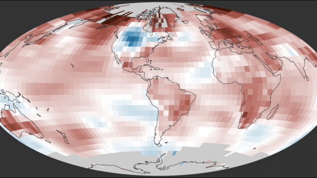 Global temperature in 2019 compared to the 20th-century average. Map by NOAA Climate.gov, based on NCEI data.