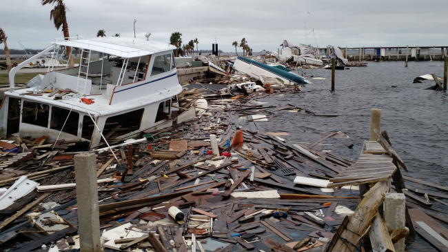 Vessels and other debris in a Panama City, Florida, marina following Hurricane Michael in 2018.