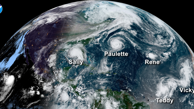This image from NOAA's GOES-16 satellite on September 14, 2020, shows five tropical systems spinning in the Atlantic basin at one time. From left to right: Hurricane Sally in the Gulf of Mexico, Hurricane Paulette east of the Carolinas, the remnants of Tropical Storm Rene in the central Atlantic, and Tropical Storms Teddy and Vicky in the eastern Atlantic. A total of 10 named storms formed in September 2020 — the most for any month on record.