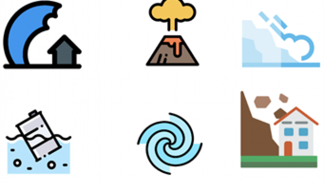 icons depicting various environmental hazards including fire, drought, tornado, hurricane, hazardous waste, nuclear, firearms, volcanos, mudslides, industrial waste, floods, terrorism, cyberthreats and avalanche.
