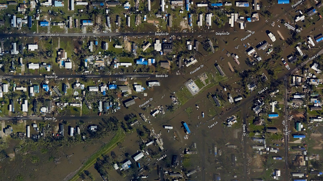 A NOAA aerial image from a Hurricane Delta damage assessment overflight taken October 10, 2020, west of Lake Charles Regional Airport in Louisiana.