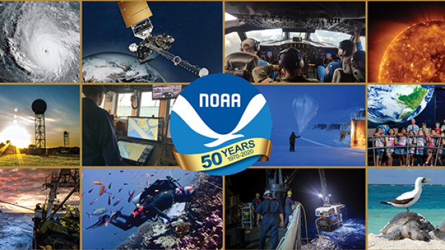 A collage of 12 NOAA scenes: a hurricane, a satellite, the inside of a Hurricane Hunters plane, a satellite image of the sun, a weather station, the inside of a ship, a weather balloon launch, students learning at a Science on a Sphere, a fishing vessel, a scuba diver surrounded by fish, an ocean exploration ship and ROV, and animals at a national marine sanctuary. The NOAA 50th anniversary logo is in the center.