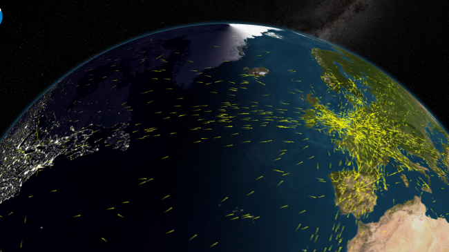 This visualization from NOAA'a Science on a Sphere Explorer captures the pulse of air traffic leaving Europe as dawn crosses the Atlantic Ocean on one day in 2007.