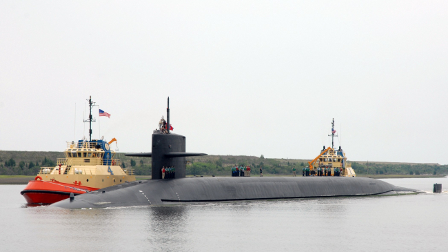 The ballistic missile submarine USS Tennessee entering Naval Submarine Base Kings Bay, Georgia.