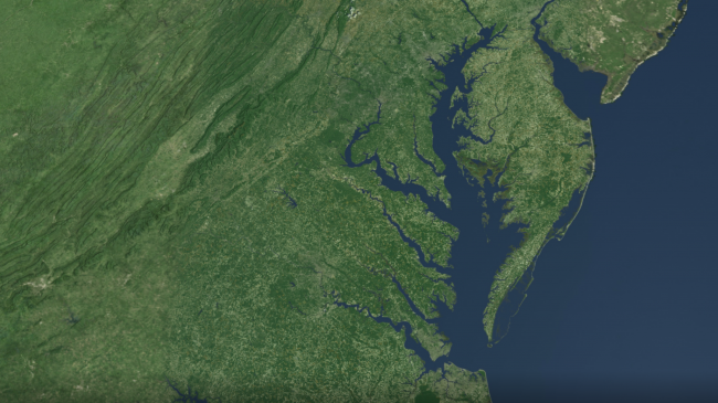 A NASA satellite view of Chesapeake Bay's Eastern Shore created with images acquired by Landsat 7 during the period of 1999-2002.