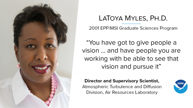 A photo of LaToya Myles, Ph.D., a 2001 NOAA EPP/MSI Graduate Sciences Program Alumni next to her quote, which reads: "You have got to give people a vision ... and have people you are working with be able to see that vision and pursue it.” Myles is now the Director of the Atmospheric Turbulence and Diffusion Division of the Air Resources Laboratory.