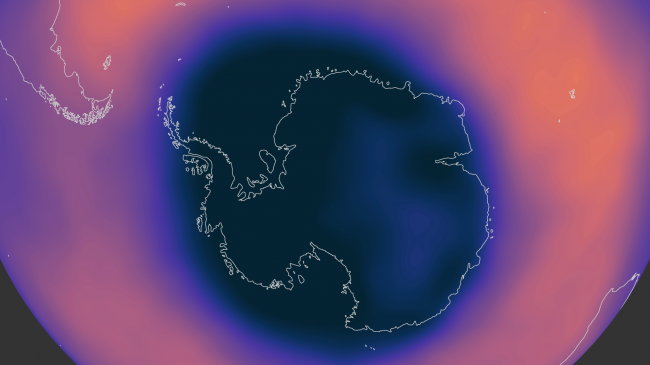 This image shows the ozone concentration over Antarctica for the week of September 14–20, 2020. Experts define the "ozone hole" as the area in which ozone levels are below 220 Dobson Units (dark blue, marked with black triangle on the color bar). 