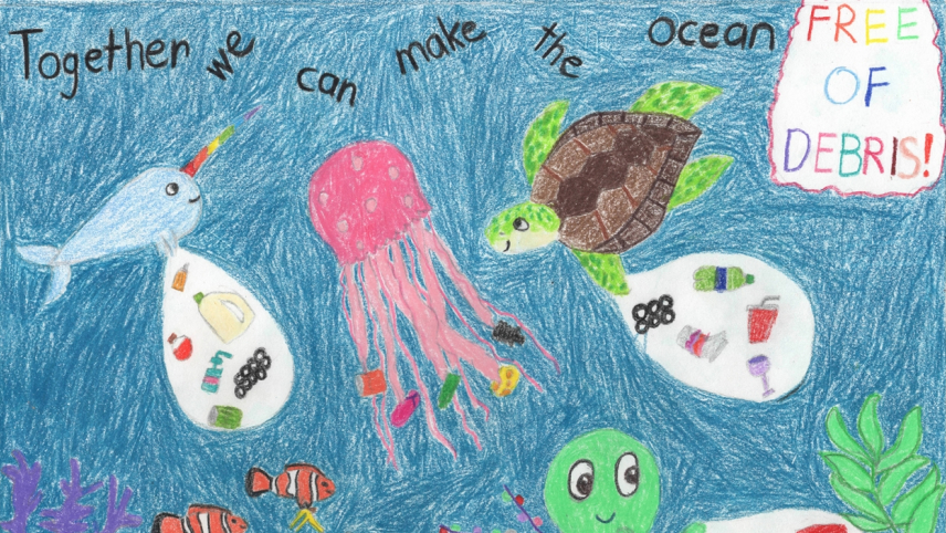 Artwork of marine animals holding plastic bags full of trash. Text: Together we can make the ocean free of debris!
