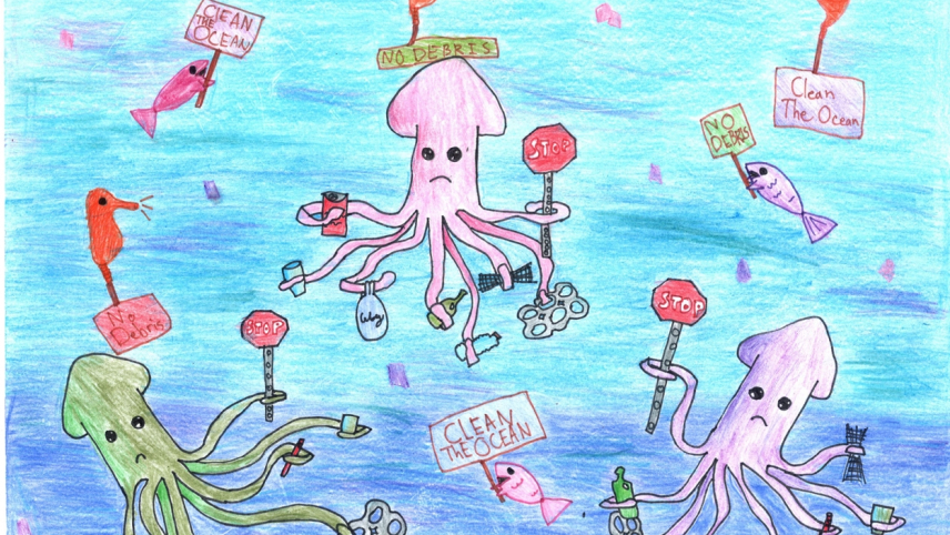 Artwork of large squid holding signs that say "stop," and "No Debris." Smaller fish and seahorses hold signs that say "Clean the ocean." Marine debris floats around them.