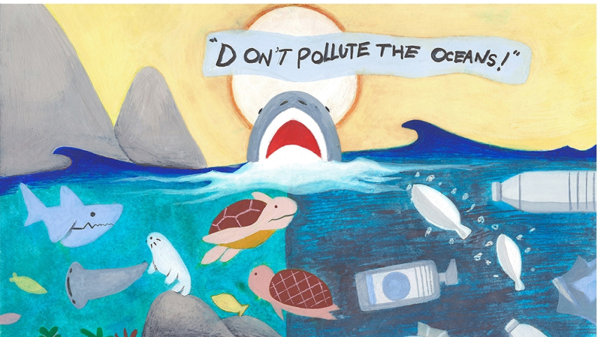 Artwork of marine animals swimming just under the surface passing by plastic bottles and bags. A shark cries out for help at the surface of the water.
