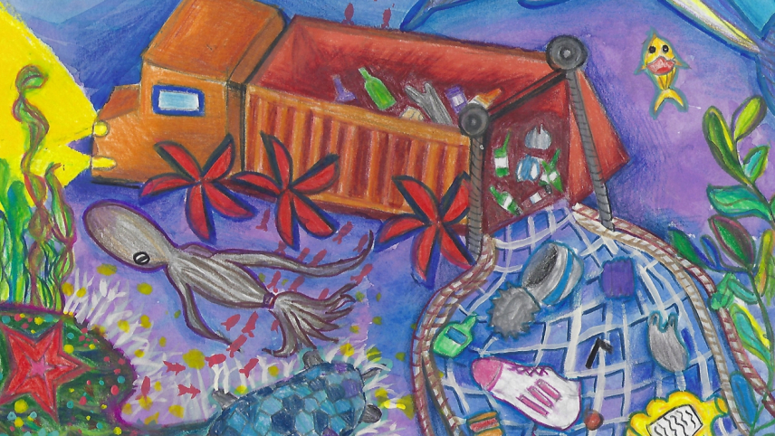 Artwork of an underwater scene with a dump truck underwater pouring our plastic and other debris into the ocean.