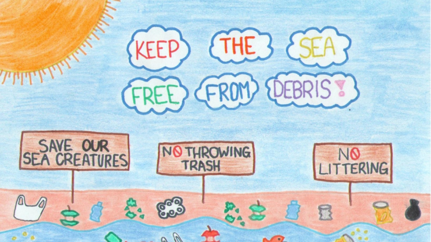 Artwork of a beach with picket signs that read, "Save our sea creatures," "No throwing trash," and "No littering." There is plastic debris on the beach as well as in the surface of the water. Text: Keep the sea free of debris!"