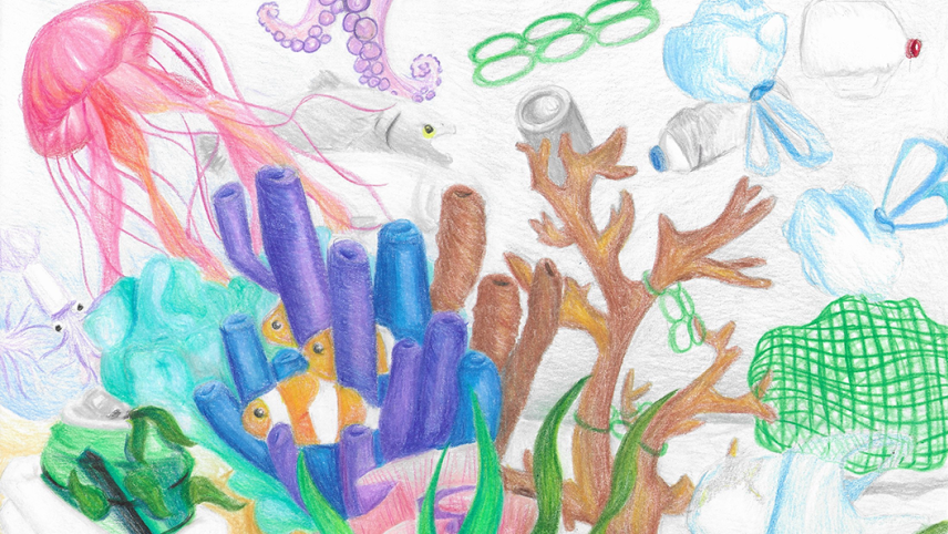 Artwork of a coral reef surrounded by animals and plastic debris.