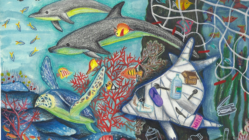 Artwork of dolphins and other marine animals swimming with debris around them.