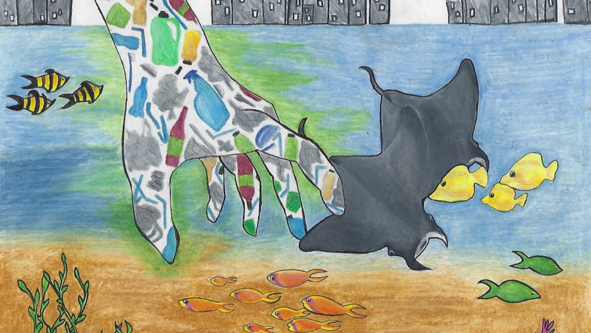 Artwork of a cityscape and the surface of the ocean. A large, human hand made out of garbage and plastic debris reaches into the ocean and touches a manta ray.