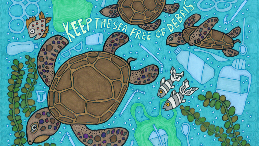 Artwork of sea turtles swimming among plastics, like plastic bags, utensils and bottles, in the ocean.