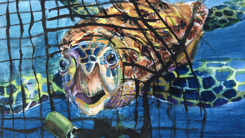 Artwork of a sea turtle with its neck stuck in a fishing net and a can of leaking oil nearby.