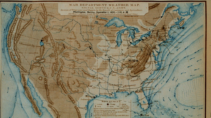 1872 weather map for the United States, created by the U.S. Army's Signal Service.