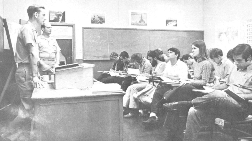 Pamela Chelgren sitting in a classroom with several other students, taking a celestial navigation class at University of California, Berkley.