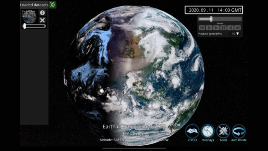 SOS Explorer displays Earth in True Color - GOES GeoColor which allows us to view sparse clouds at night in light blue, white clouds during the day and even pinkish atmospheric smoke from wildfires. In addition, the land appears in its true color, allowing us to see where there is seasonal vegetation, mountainous regions, and differences in the color of the ocean.