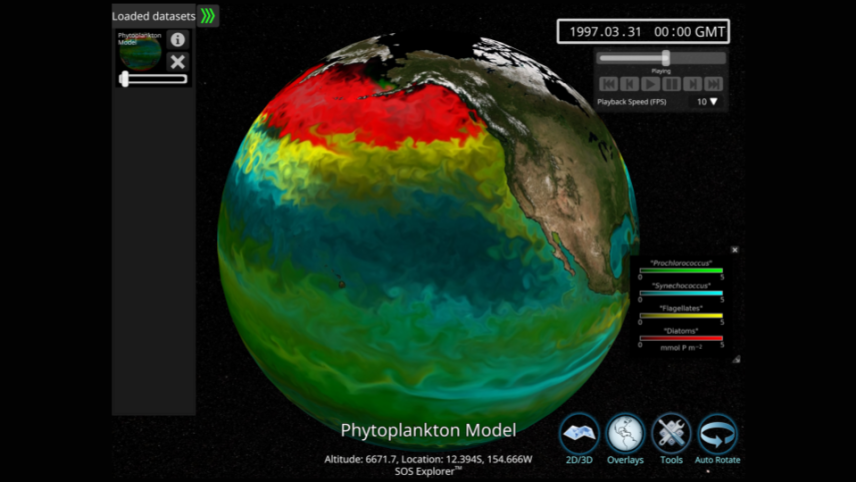 A screen capture of a phone with the SOSx mobile app open, it has a globe representation at the center of the image with different colors in the ocean representing different species of phytoplankton. On the right corner there is a playback control and at the bottom right quick access buttons for overlays, tools, auto-rotate, and 2D map.