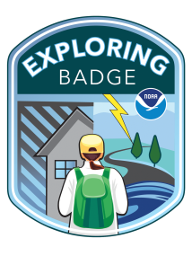 The exploring badge shows the back of a person with a backpack, a house, lightning and rain, and flooding.
