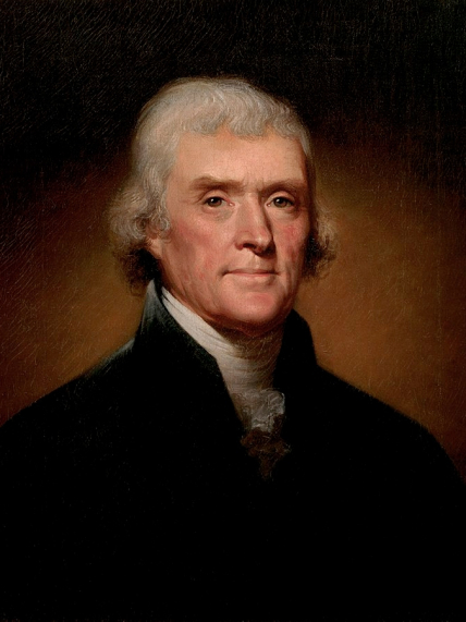 A painting of President Thomas, from the chest up on a brown background.