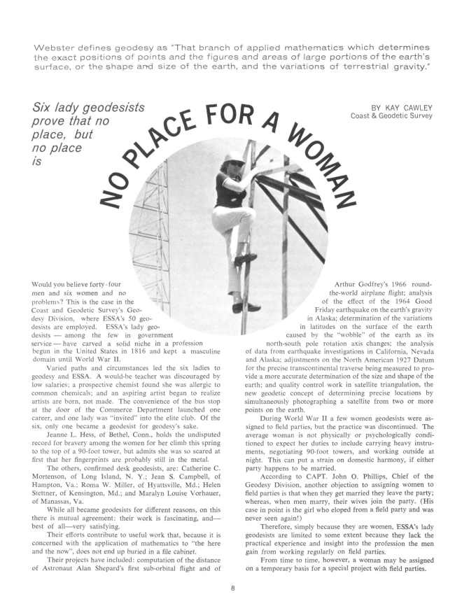 Scan of the first page of an article by Kay Cawley from the July 1967 issue of ESSA Words, a publication of NOAA's predecessor, ESSA. The article is titled, "No Place For a Woman."