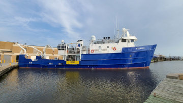 The R/V Pelican at dock before heading out to sample the Gulf of Mexico hypoxic zone. The annual survey cruise has been performed since 1985, creating an important long-term data set for scientists.