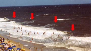 Crowded beach with rip currents.