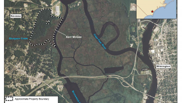 Aerial Map illustration showing the restoration site at the Kerr-McKee former wood-treatment processing plant in Navassa, North Carolina.