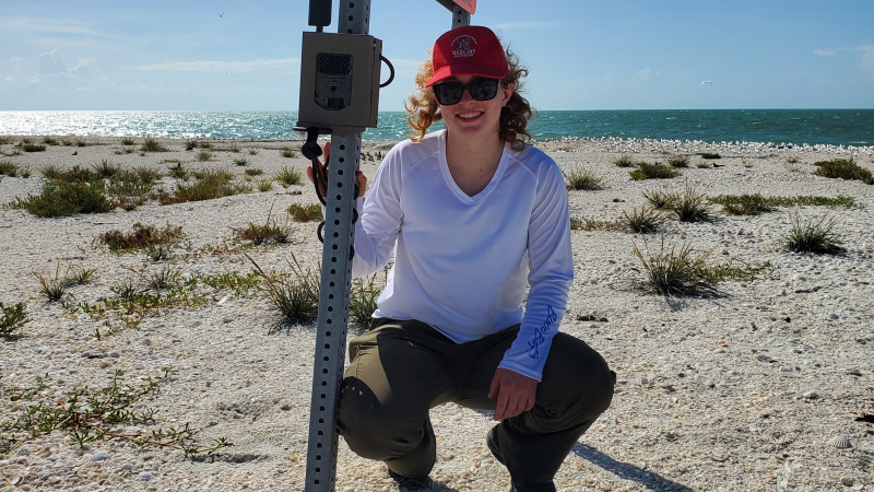 Helen wears field research clothing and crouches on the beach next to a game camera. A sign attached to the game camera reads "no landing.