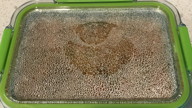 Droplets of water have formed on the clear lid of a container of leftovers. Larger droplets form the shape of the NOAA logo.