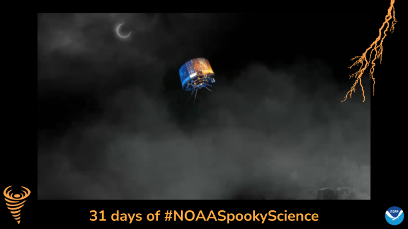 A graphic of a satellite in orbit with the moon in the background. Border of the photo is black with orange atmospheric graphics of a lightning bolt and a tornado. Text: 31 days of #NOAASpookyScience