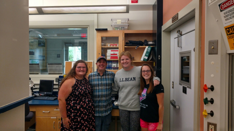 Hollings Scholars Brianna DeGone and Blair Morrison, along with intern Madeline Fenderson, with research director Jason Goldstein during their internship at Wells National Estuarine Research Reserve in Maine.