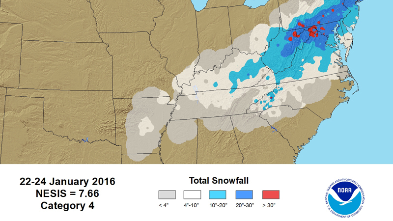 Total snowfall during 2016 blizzard from January 22-24, 2016.