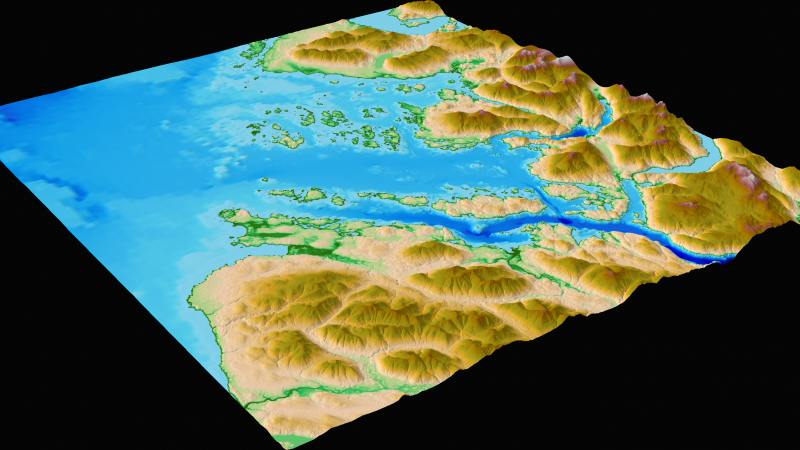This digital elevation model image for Barkley Sound on the west coast of Canada’s Vancouver Island shows  the entrance to the Port Alberni Inlet.