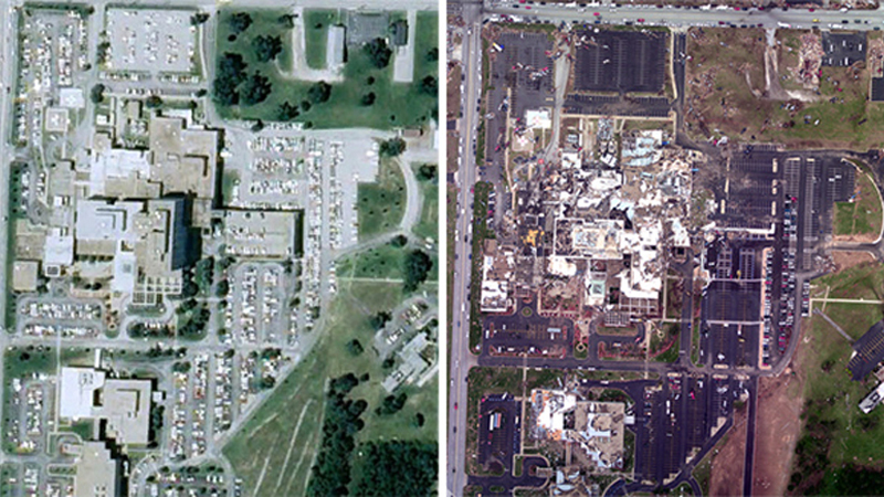 Joplin, Missouri: Aerial imagery, before and after the storm 
"Before-and-after" images like this one (before is on the left) are critically important in helping federal and local officials and emergency responders understand a tornado's damage and what hazards still exist. Shortly after the May 22, 2011, Joplin, Missouri, tornado, NOAA dispatched its King Air 350CER aircraft, equipped with specialized remote sensing equipment, on a mission to collect aerial photography from 5,000 feet.