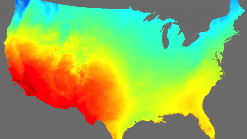 A high-resolution map based on NOAA solar irradiance data shows a snapshot of solar energy potential across the United States. 