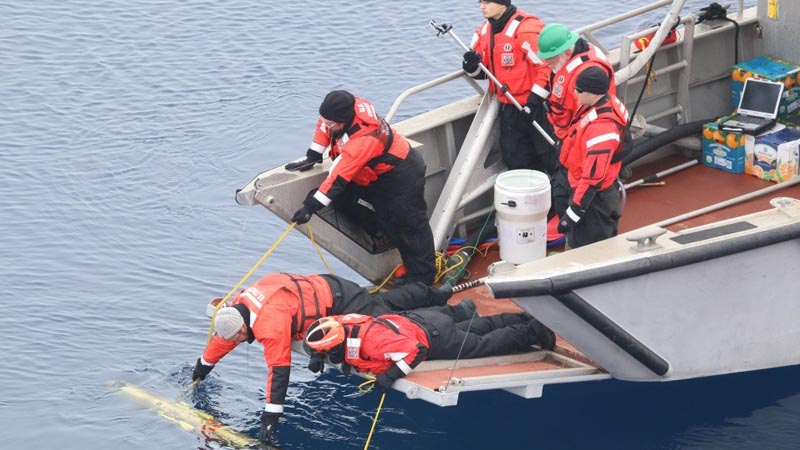 Using unmanned aircraft to detect oil spills: NOAA and USCG team recover Puma unmanned aircraft after testing its ability to detect simulated oil among ice in the Arctic in August 2014. 